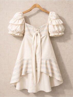 ALEXIS Silk Puff Sleeve Tie Front Dress Ivory Asymmetrical Hem S